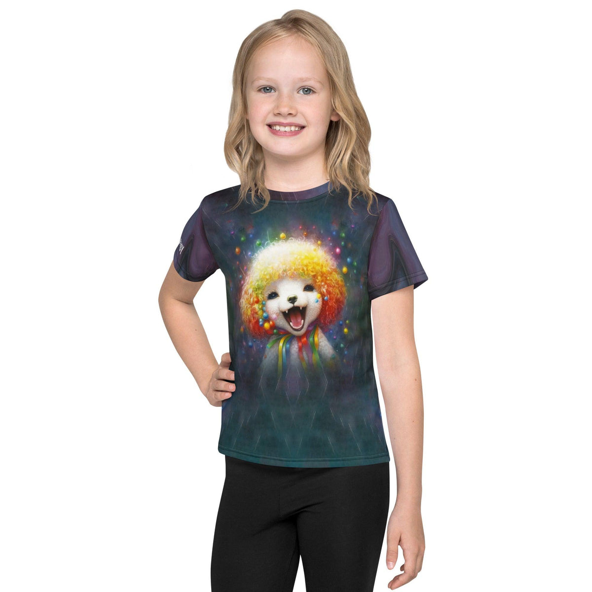 Child smiling in CB3-103 crew neck t-shirt in vibrant color.