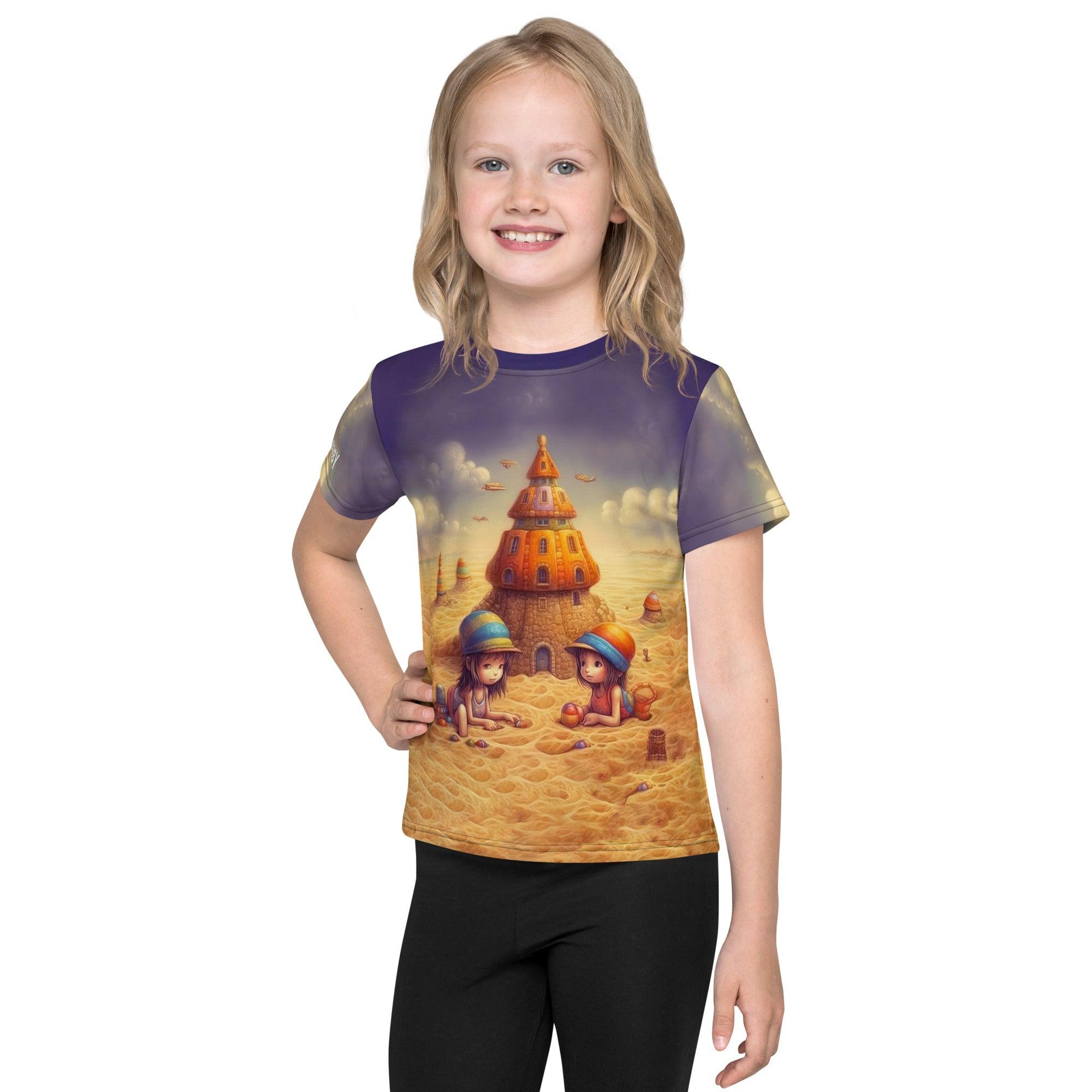 Child smiling in CB3-117 crew neck t-shirt, white color.