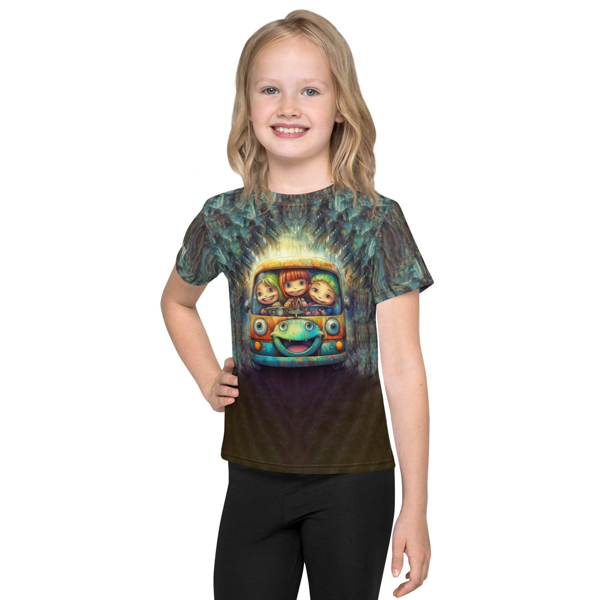 Child smiling in CB3-113 crew neck t-shirt, vibrant blue.