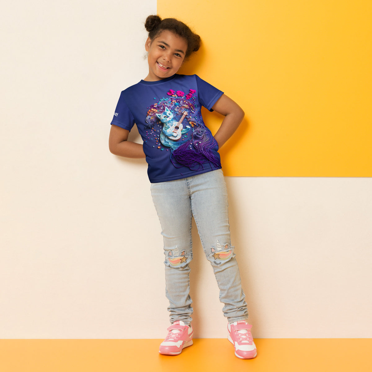 Colorful Kirigami design on kids' crew neck T-shirt