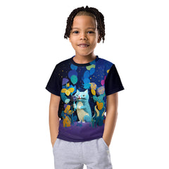 Kids crew neck t-shirt featuring colorful paper art design.