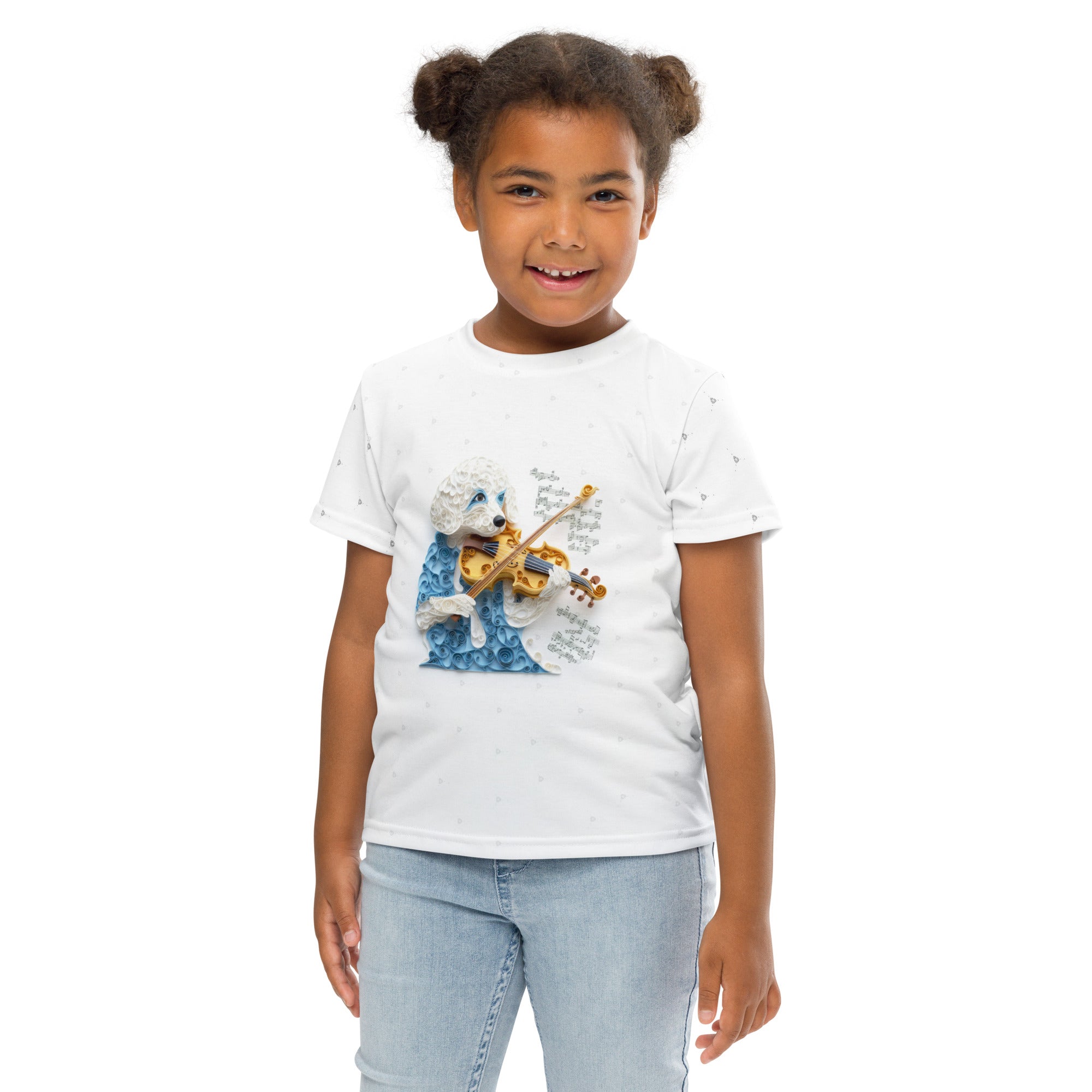 Child wearing Paper Magic crew neck t-shirt with colorful design