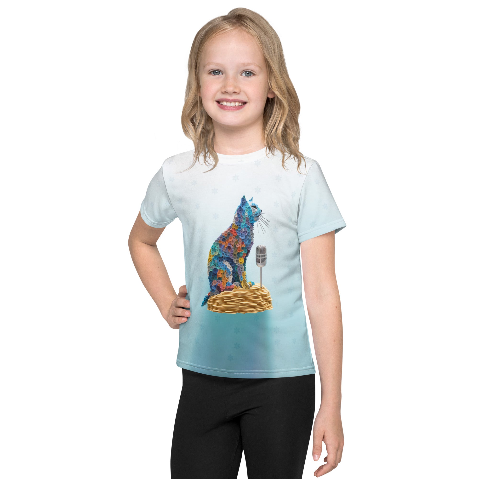 Colorful Kirigram art pattern on kids' t-shirt.