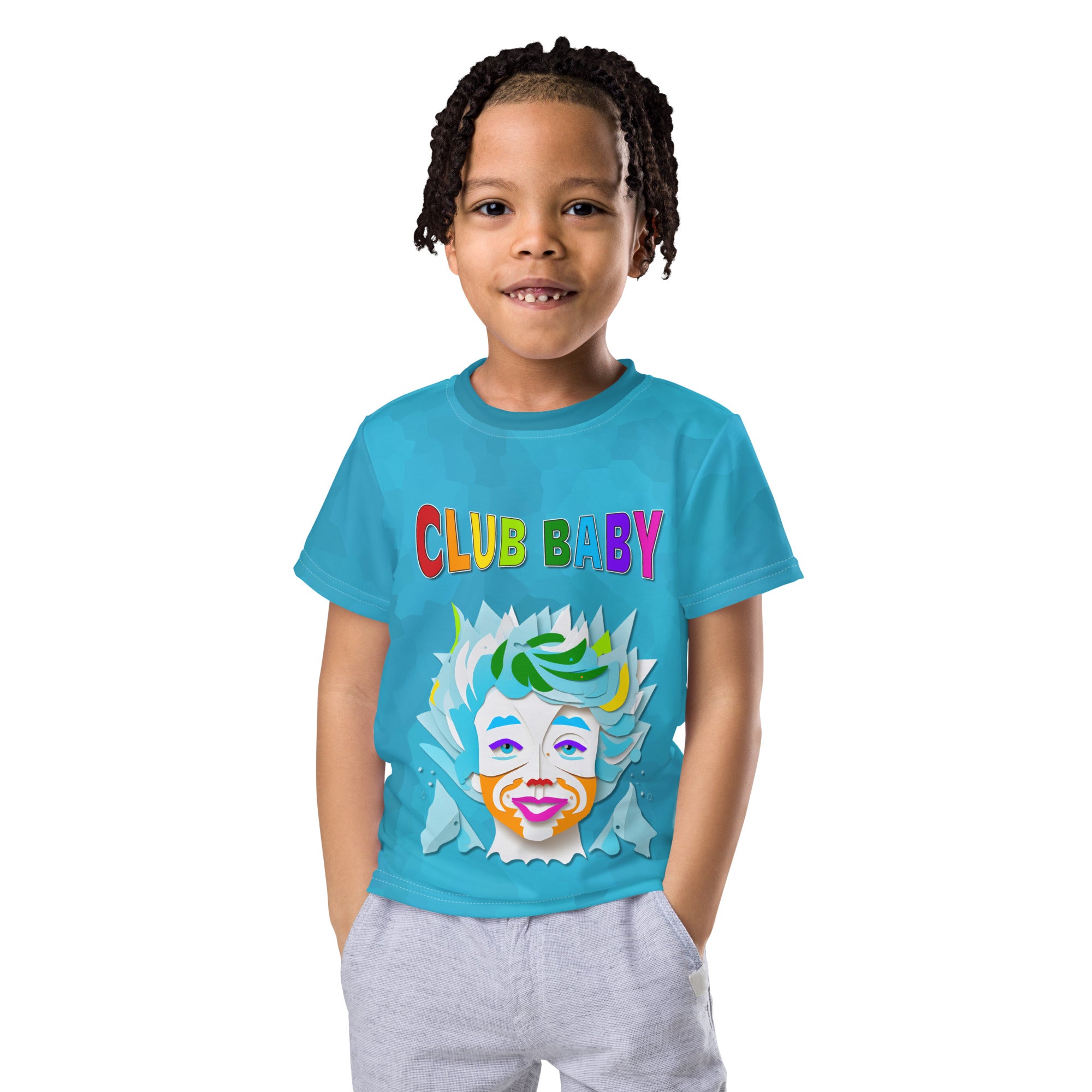 Child wearing Storybook Dreams crew neck t-shirt in vibrant colors.
