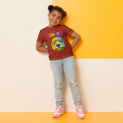 Child wearing Hidden Treasures crew neck t-shirt.
