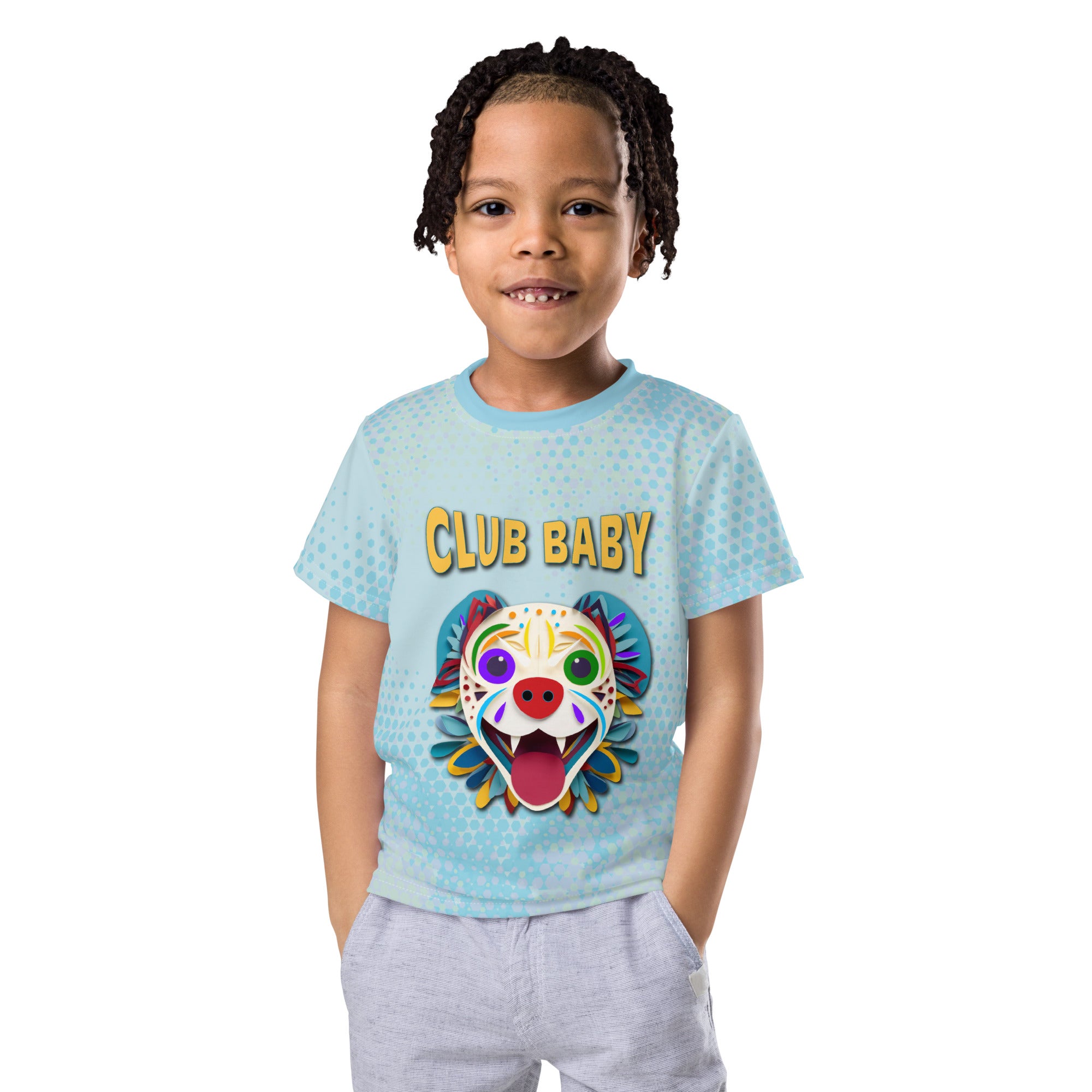 Child wearing Starlit Dreams crew neck t-shirt in blue.
