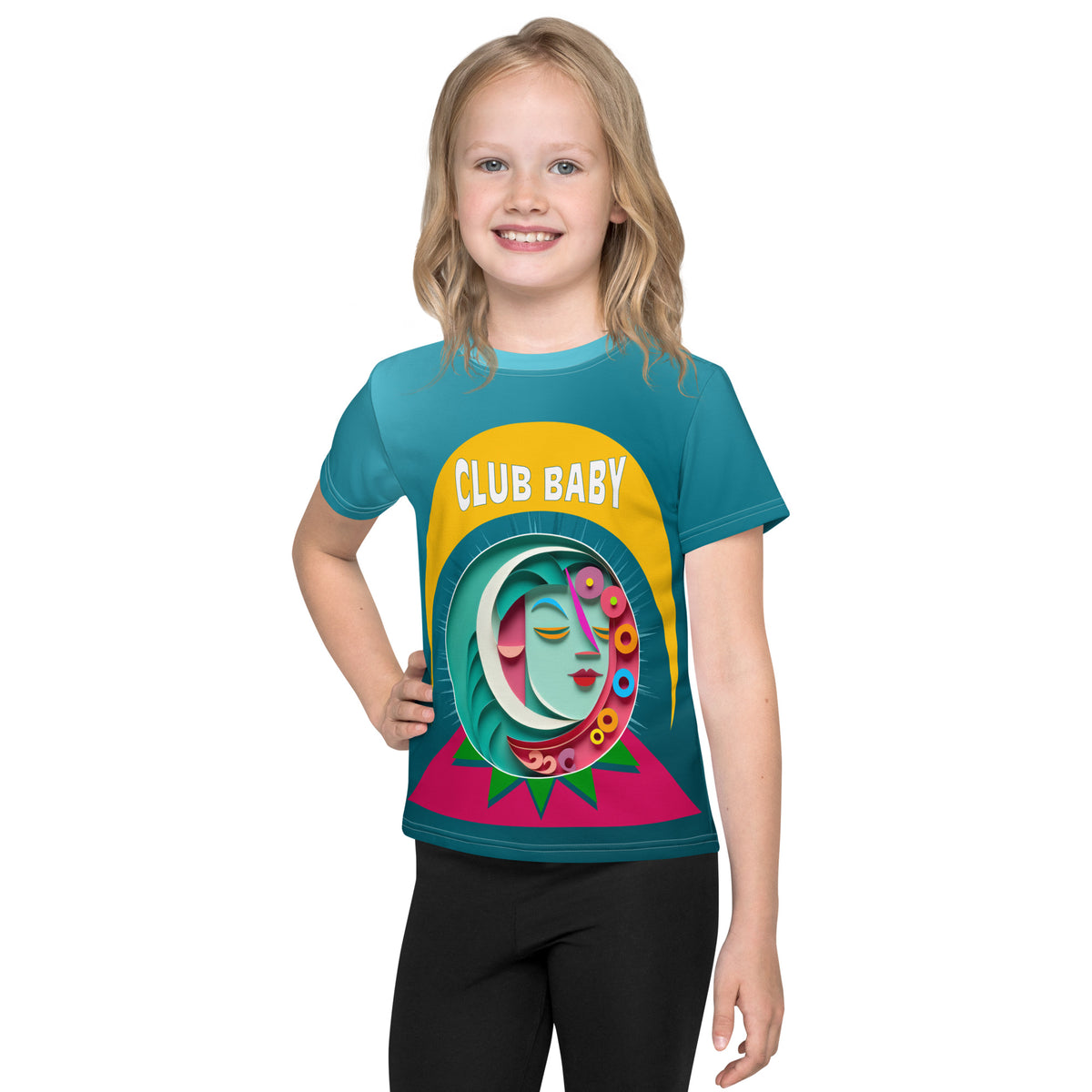 Child wearing Moonlit Fairies crew neck T-shirt with fairy design
