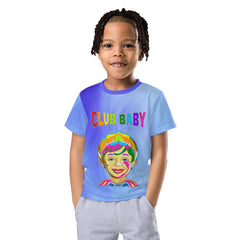 Child wearing Storybook Wonderland crew neck t-shirt with colorful illustrations.