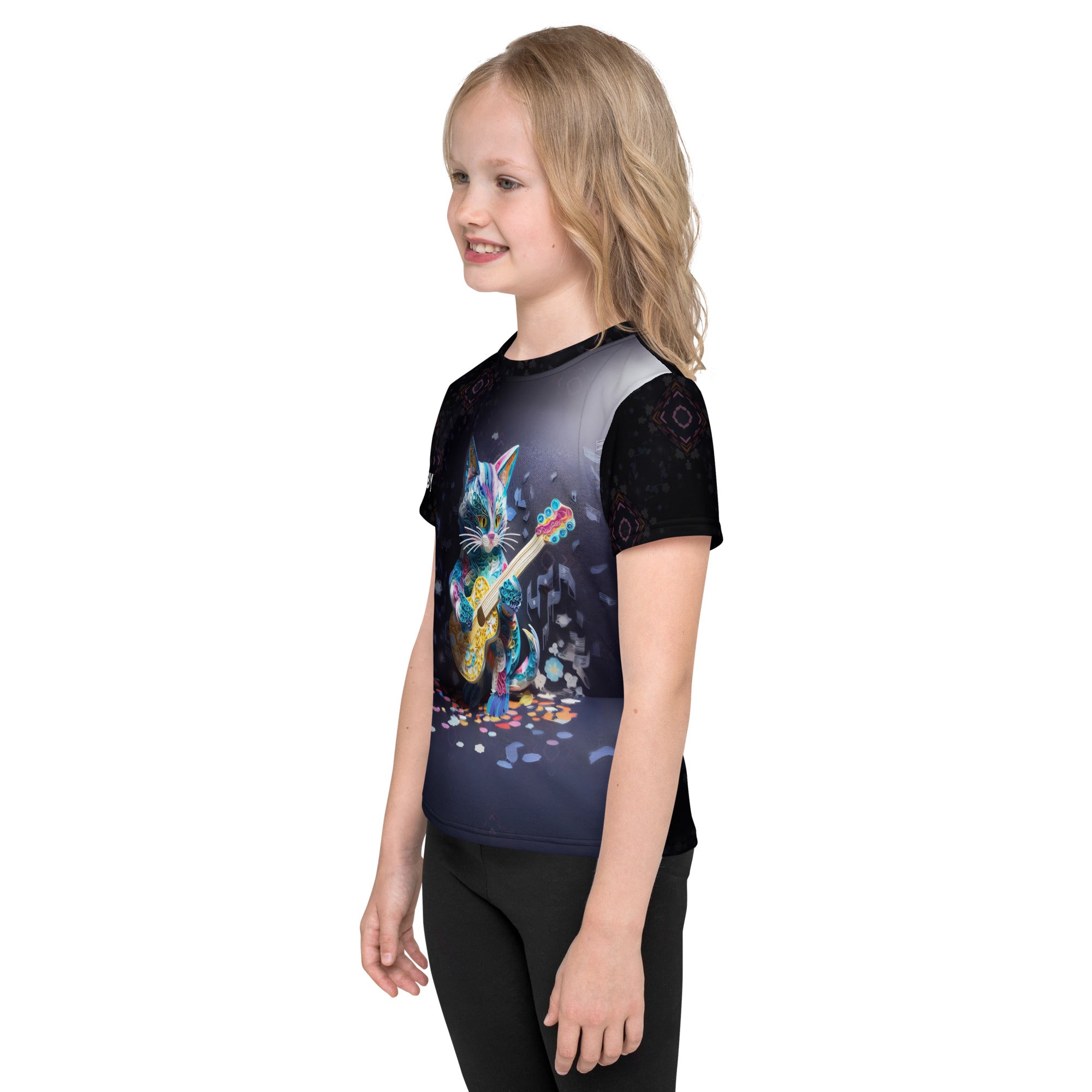 Origami themed kids crew neck t-shirt on white background.