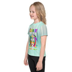 Happy child playing in a Knight’s Quest themed graphic tee
