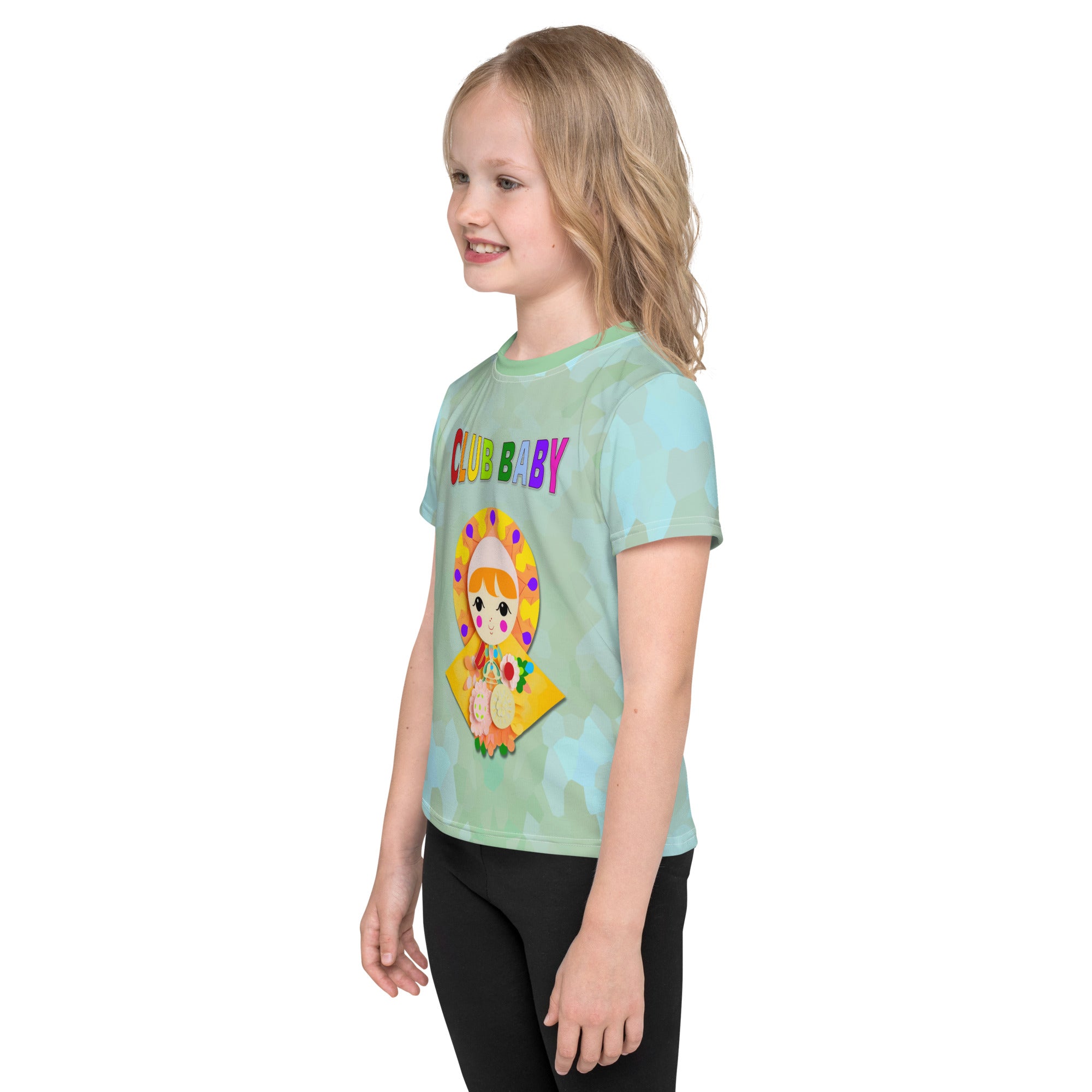 Child wearing colorful Gnome Village crew neck tee.
