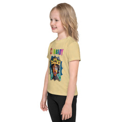 Child in crew neck T-shirt with Sleeping Beauty graphic.
