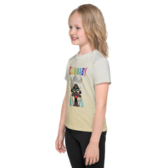 Child playing in Witch's Brew Master themed t-shirt.
