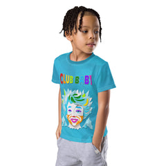 Kid smiling in Storybook Dreams crew neck, multi-colored tee.
