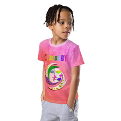 Child wearing fairy tale themed crew neck t-shirt.
