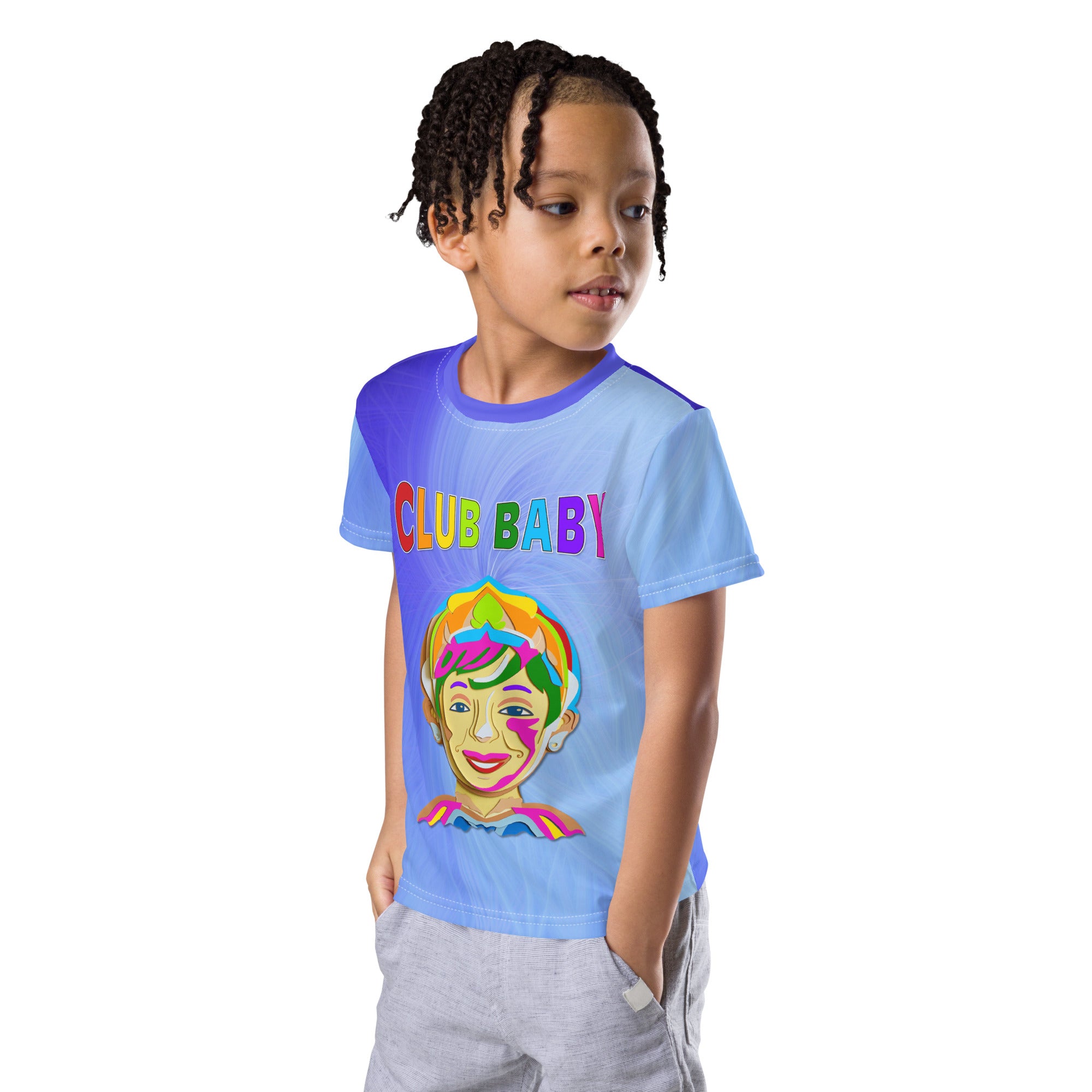 Happy child in a Storybook Wonderland printed crew neck t-shirt playing outdoors.