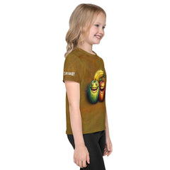 Side view of kids wearing CB3-126 crew neck t-shirt.