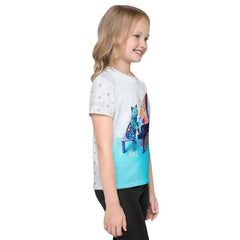 Kid smiling in Paper Craft themed crew neck t-shirt