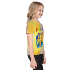 Colorful enchanted castle t-shirt for kids on white background.





