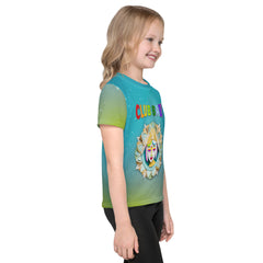 Smiling child in colorful Magical Creatures crew neck tee.





