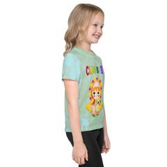 Gnome-themed kids t-shirt in natural outdoor setting.


