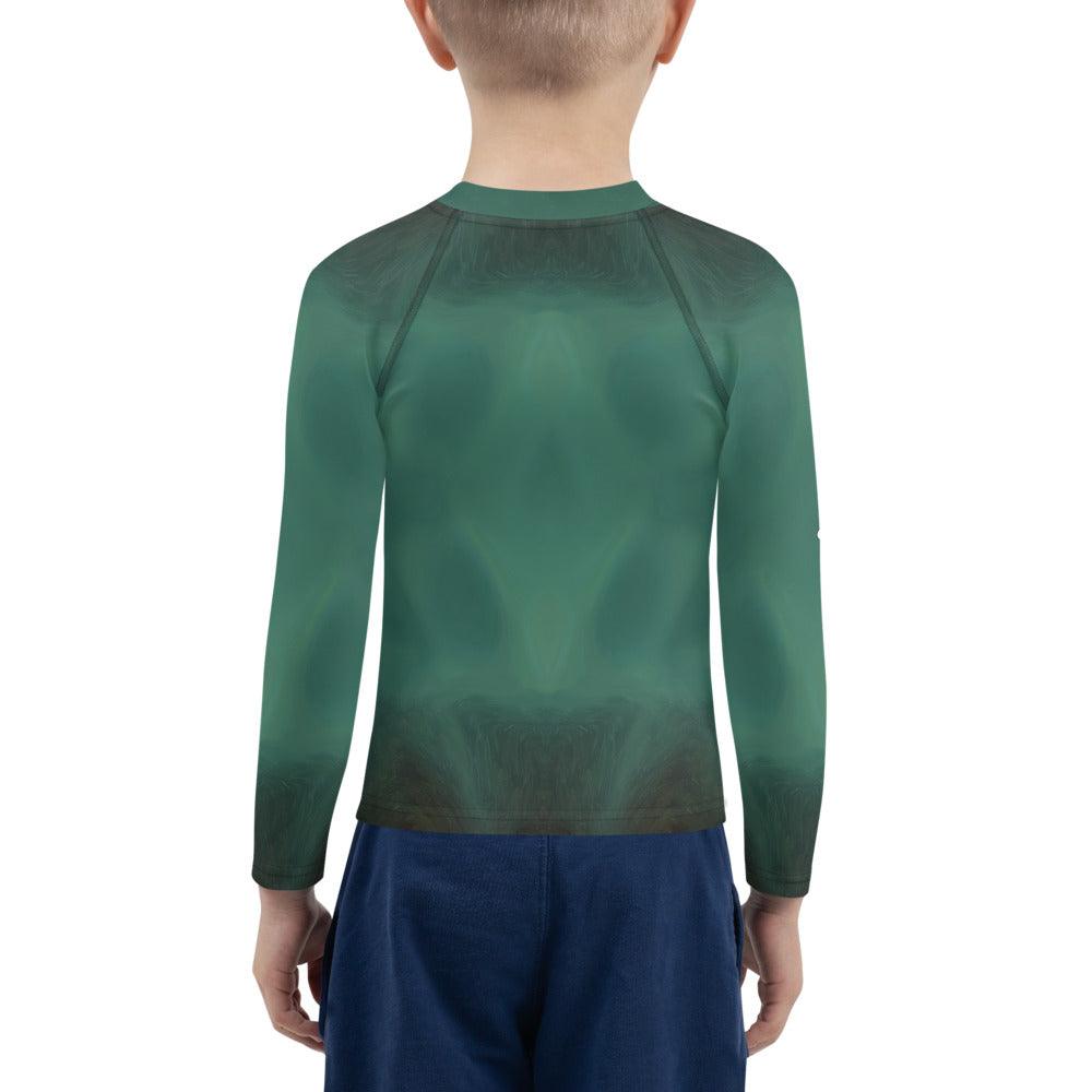 Back view of child in CB3-96 Rash Guard showcasing fit and design