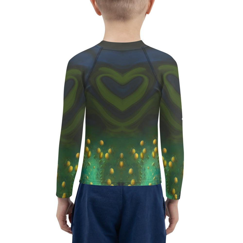 Side profile of a child wearing CB3-81 Rash Guard at the beach.