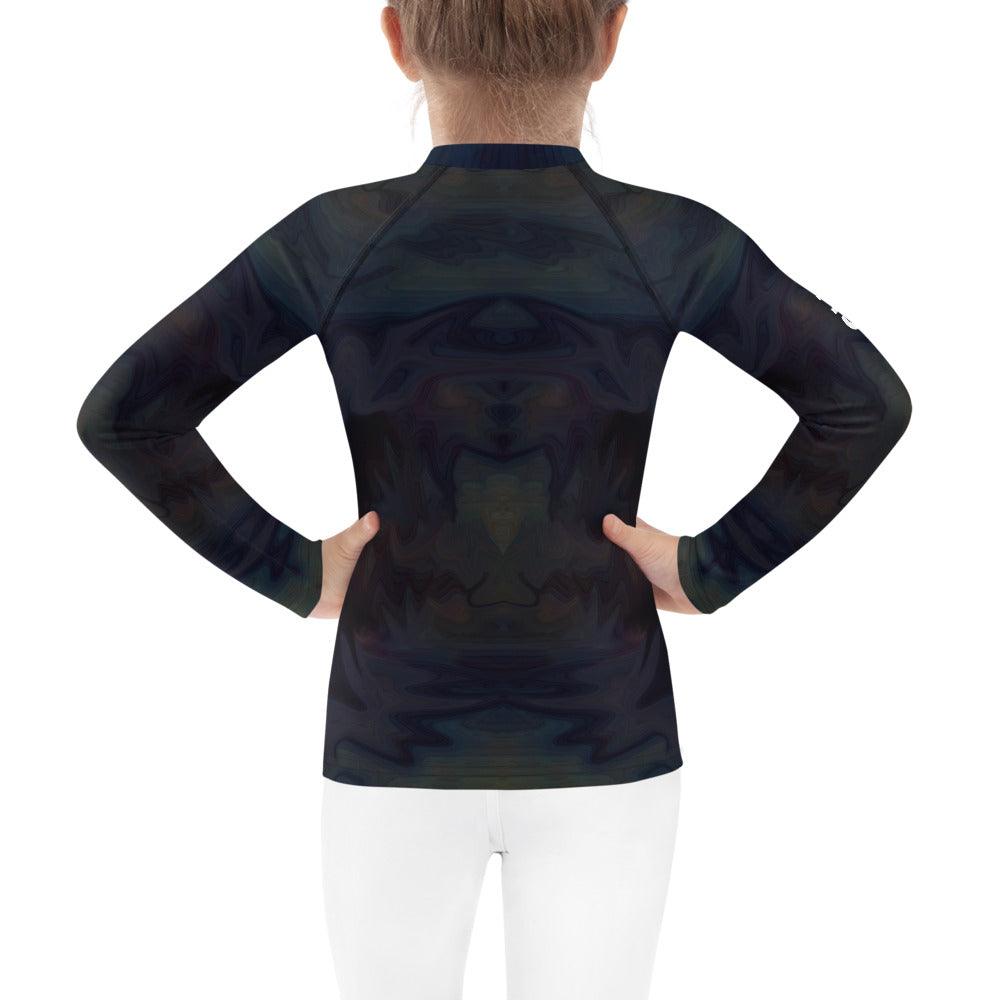 CB3-89 Kids Rash Guard on beach backdrop, emphasizing quick-dry technology