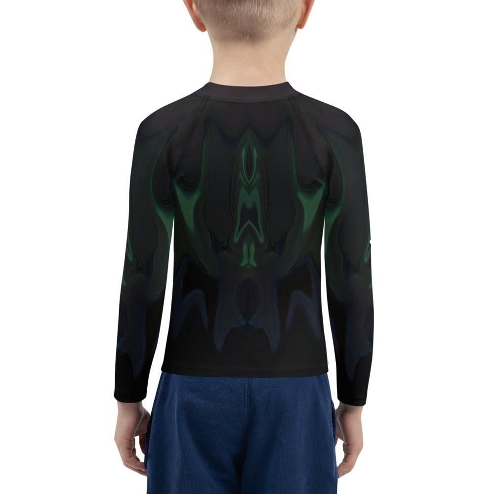 Rear view of CB3-98 Kids Rash Guard on child