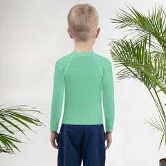 Kid's rash guard with Frog Prince and lily pad artwork for swimming.