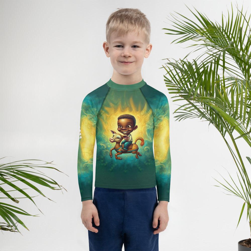 Child wearing CB6-03 Kids Rash Guard in pool demonstrating comfort and fit
