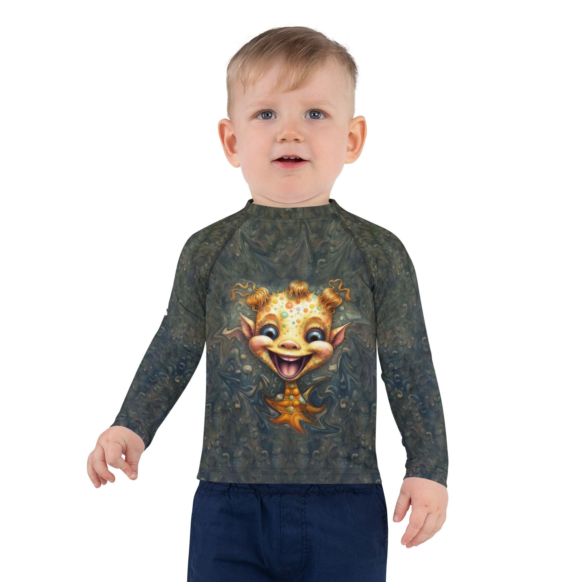 Child wearing CB3-86 Kids Rash Guard for sun protection at the beach.