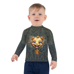 Child wearing CB3-86 Kids Rash Guard for sun protection at the beach.