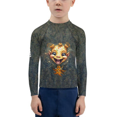 Back view of child wearing CB3-86 Rash Guard, highlighting protective coverage.