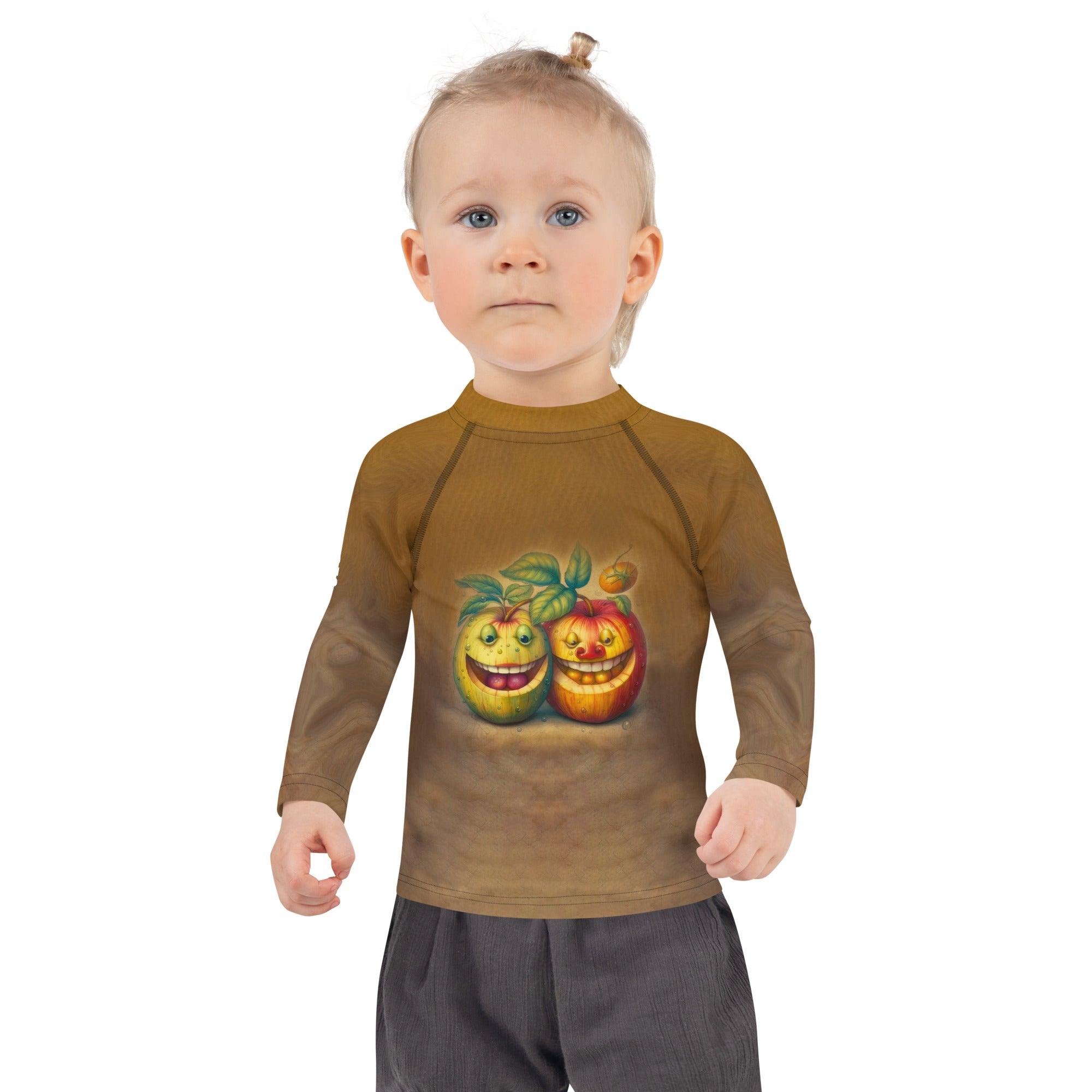 Child smiling in CB3-127 kids rash guard at the beach