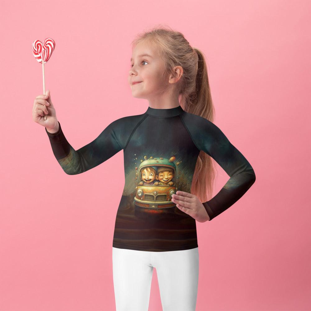 Back view of child wearing CB3-112 Kids Rash Guard for sun protection