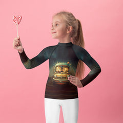 Back view of child wearing CB3-112 Kids Rash Guard for sun protection