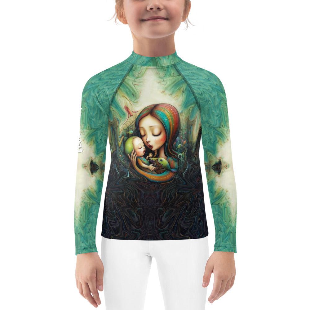 Child wearing CB3-74 Kids Rash Guard while playing on the beach