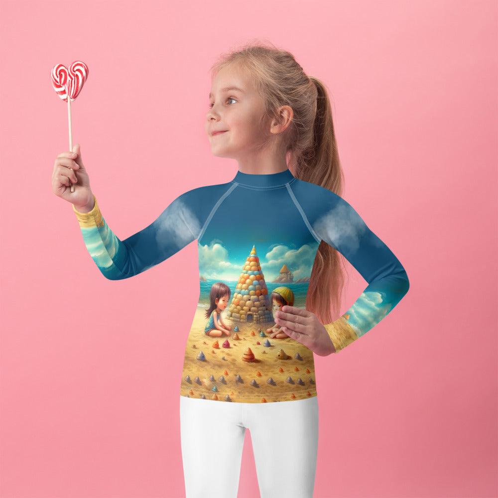 Child wearing CB3-120 Kids Rash Guard while playing on the beach