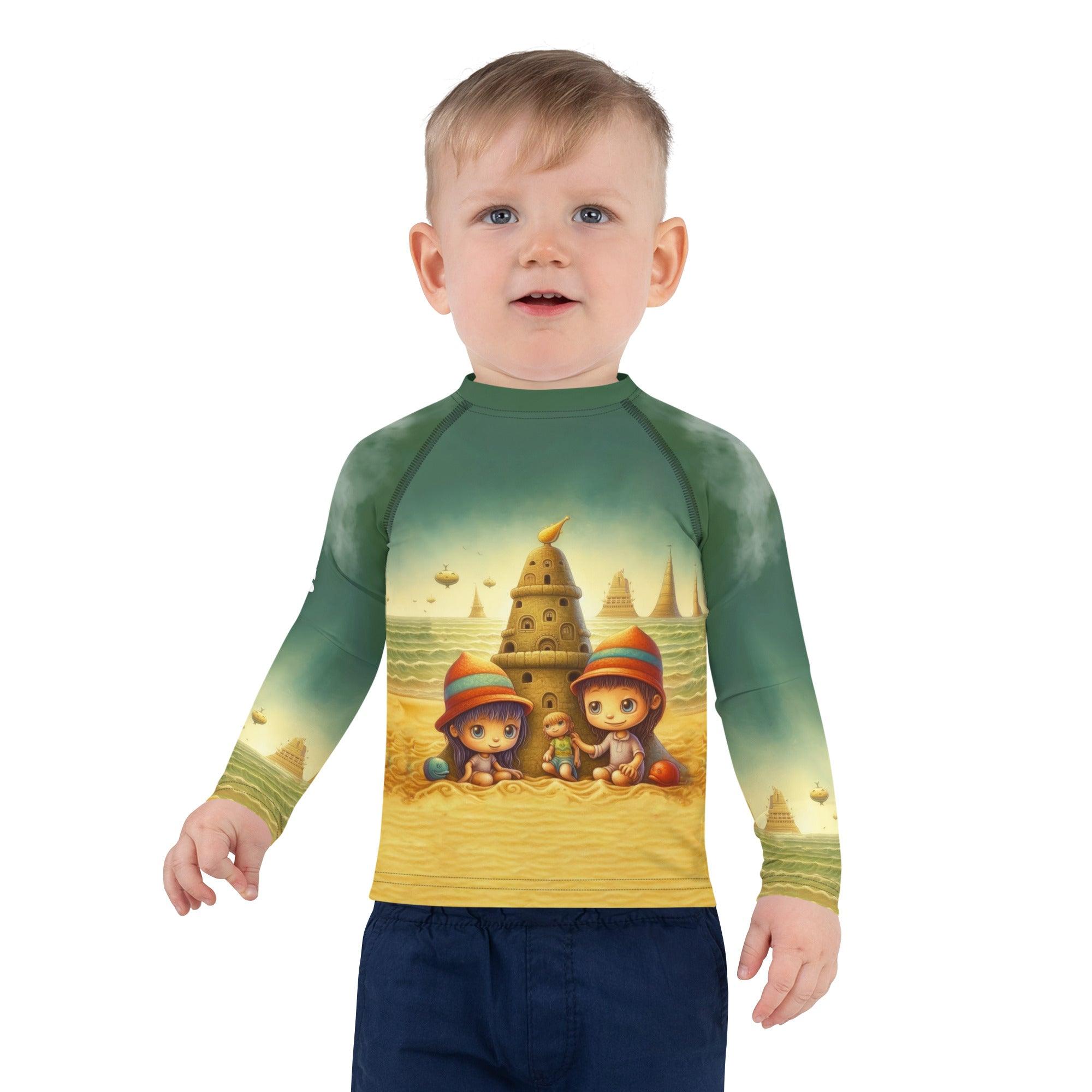 Rear view of child in CB3-122 rash guard at the beach