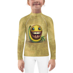 Kid smiling in pool wearing blue CB3-132 rash guard