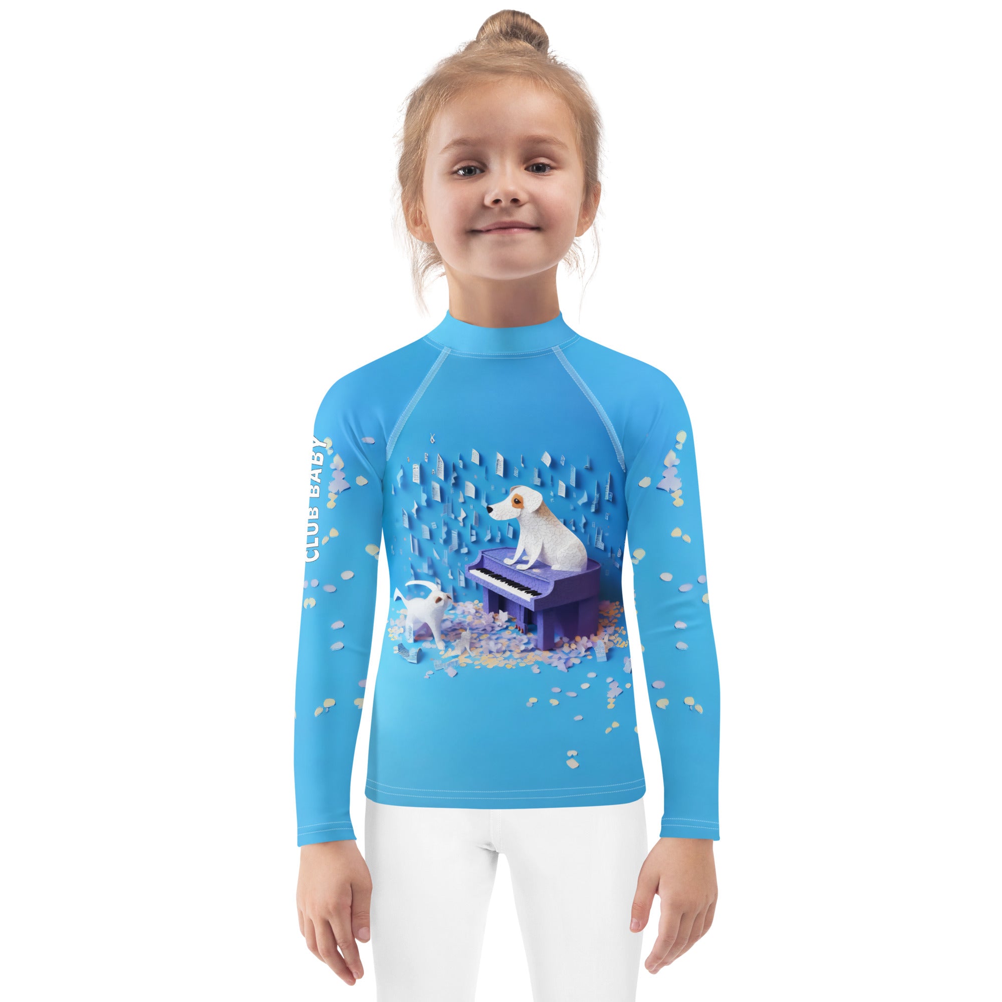 Colorful origami animal print on kids rash guard