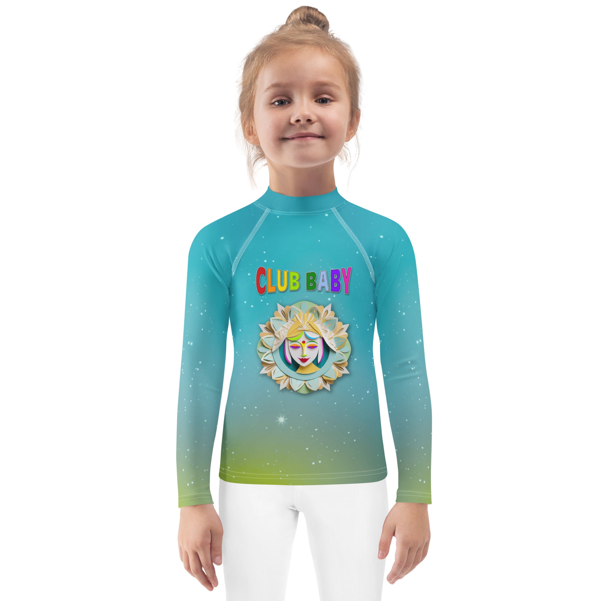 Child wearing Pixie Hollow kids rash guard at the beach
