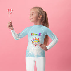 Cinderella's Ball themed kids rash guard in action
