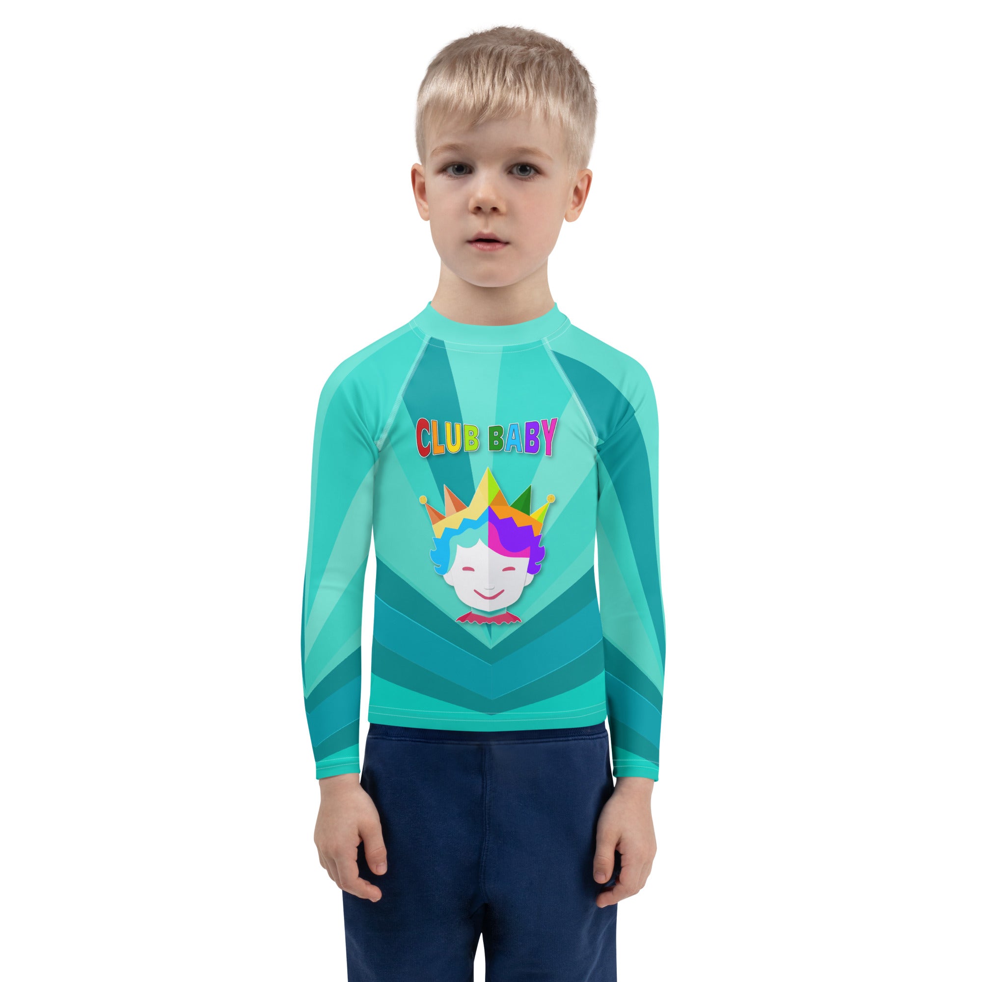 Child wearing Midnight Magic Kids Rash Guard by the pool
