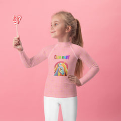 Close-up of Magical Unicorn Realm Kids Rash Guard unicorn design.