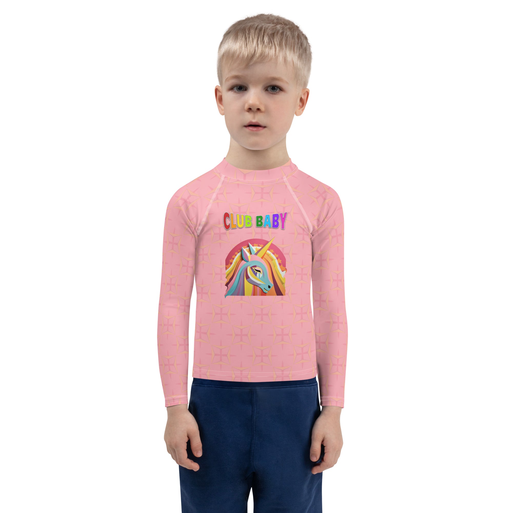 Back view of Magical Unicorn Realm Kids Rash Guard.