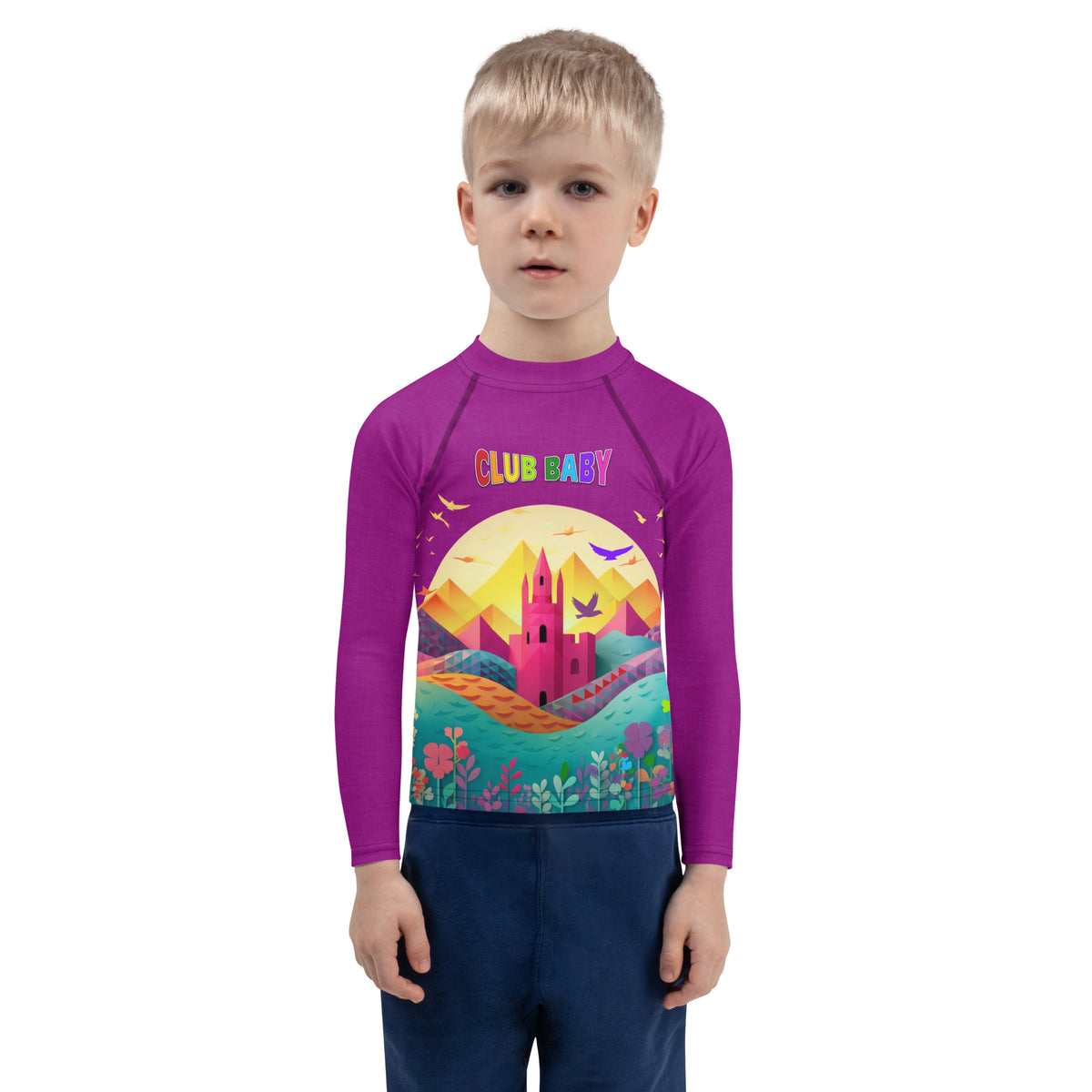 Front view of Royal Kingdom Adventures Kids Rash Guard.