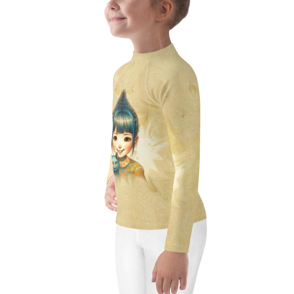 Backside of child wearing CB6-36 rash guard, showcasing fit and design.