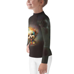 Rear view of child wearing CB3-78 Kids Rash Guard outdoors